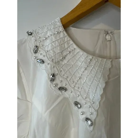 Anthropologie BHLDN Pearl Crystal Collar Puff Sleeve Ivory Mini Dress M